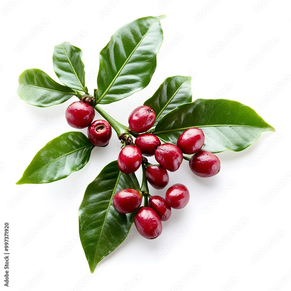 Sticker red coffee beans on branch with leaves isolated on white background 