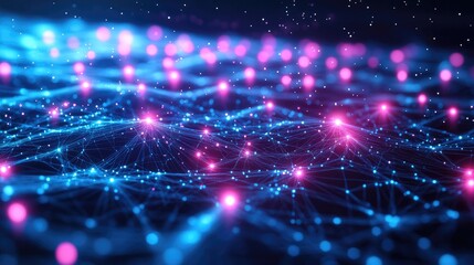 Obraz premium Abstract Digital Network with Glowing Pink and Blue Nodes Representing Data and Connectivity