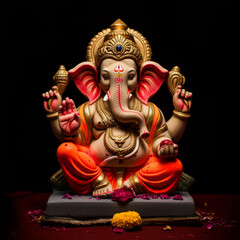 Fototapeta premium Hindu lord ganesha sculpture with flower decoration and lighting.