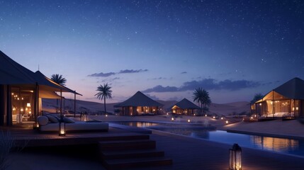 Obraz premium A serene luxury retreat in the desert showcases illuminated tents and a calm pool reflecting the starry night sky. Palm trees sway gently, creating a tranquil atmosphere for relaxation.