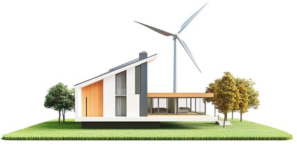 Obraz premium Modern house model with wind turbine on a colorful grass base, isolated on white background. 