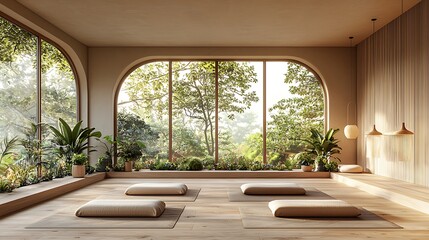 Obraz premium A zen room interior, featuring arched windows and cushions, exudes calm and serenity.