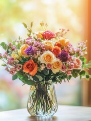 Fototapeta premium A beautiful bouquet featuring a mix of roses and smaller flowers displayed in a glass vase atop a light wood table, exuding charm. Generative AI