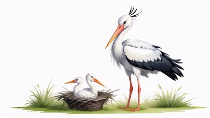 Fototapeta premium White Stork standing near nest with two chicks.