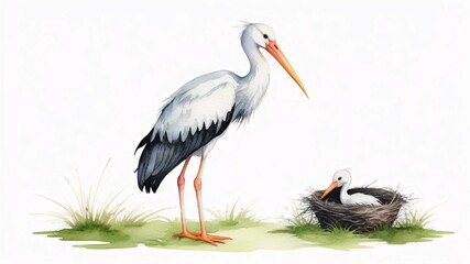 Watercolor painting of a white stork standing beside its nest with a baby stork.