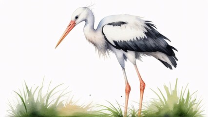 Watercolor illustration of a white stork with a long orange beak standing in green grass.