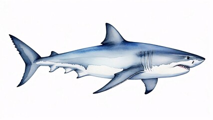 Fototapeta premium Watercolor painting of a great white shark on a white background.