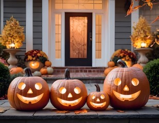 Obraz premium Decorative Halloween pumpkins with carved faces, autumn leaves, and a lantern