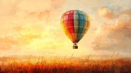 Fototapeta premium A watercolor painting captures a hot air balloon soaring over a field at sunset, full of warmth.