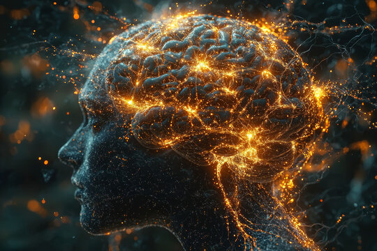 A neural network growing out from a human brain, extending into cyberspace, representing the link between mind and machine. Concept of mental expansion.