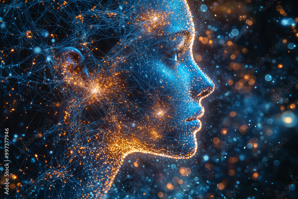 Aufkleber A neural network extending from a human head, connecting to a vast web of computer systems. Concept of machine learning and intelligence.