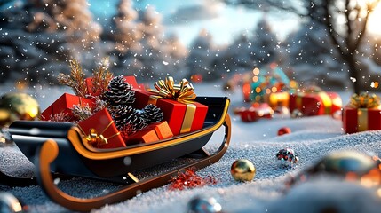 Obraz premium Christmas gifts, pine cones, and snow fill a sleigh, creating a cozy holiday scene.