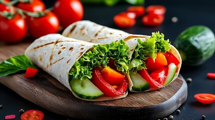 Fresh vegetable wraps, filled with crisp lettuce, red pepper, cucumber, and tomatoes, offer a colorful and healthy meal.