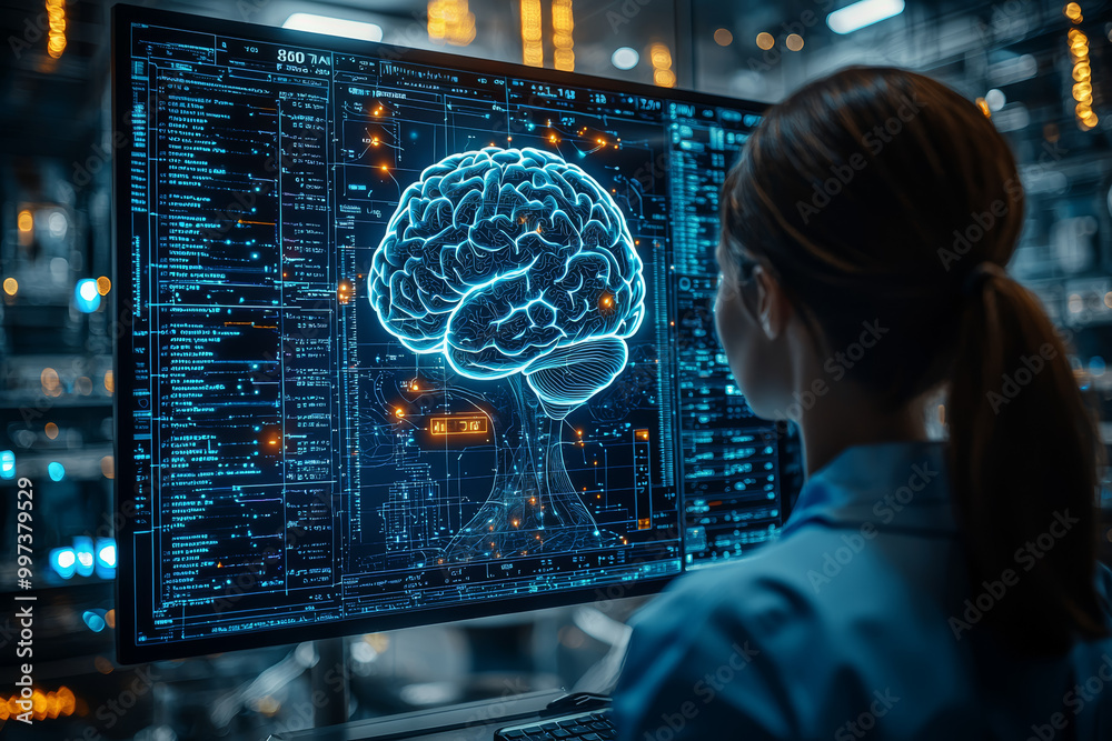 Poster a human figure standing in front of a computer screen displaying their own brain activity in real-ti
