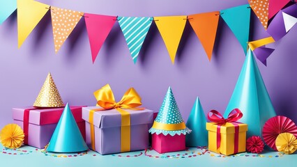 Obraz premium Colorful party decorations with gifts and hats for a festive celebration.