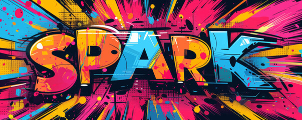Colorful pop art background with "SPARK" inside. Comic book style, Abstract visuals, Vibrant vector
