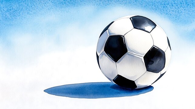 A watercolor soccer ball against a blue background bursts with vibrant color and action.