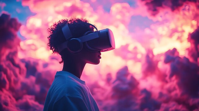 A woman wears a VR headset, standing before a dreamy pink and purple cloudy sky, immersed in virtual reality.