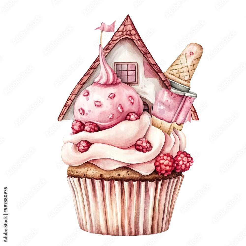 Wall mural illustration A watercolor cupcake and ice-cream house clipart isolated on white background 