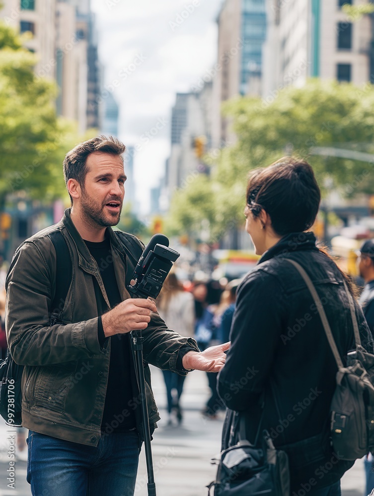 Aufkleber an expert engages in a lively interview with a journalist on a vibrant city street filled with pedes