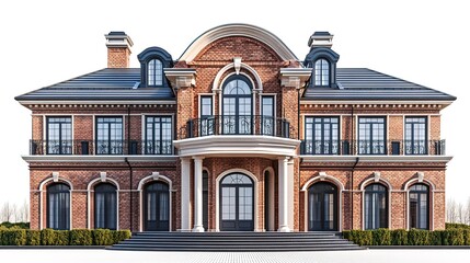 Fototapeta premium Front view of a luxury brickwall house isolated on a white background 