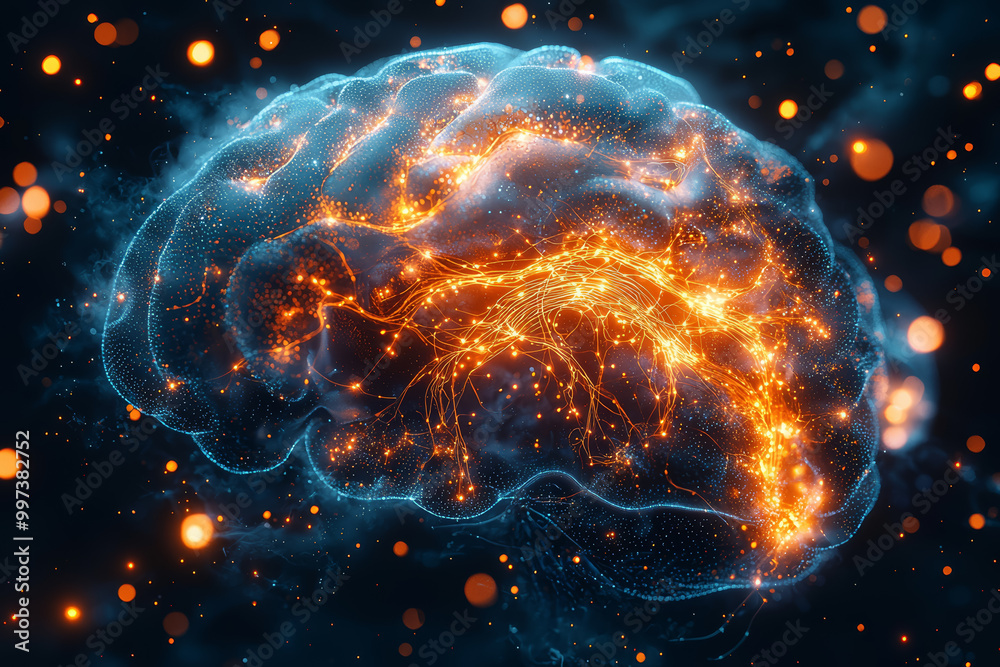 Aufkleber a brain with glowing neural pathways connecting directly into a computer system, illustrating the me