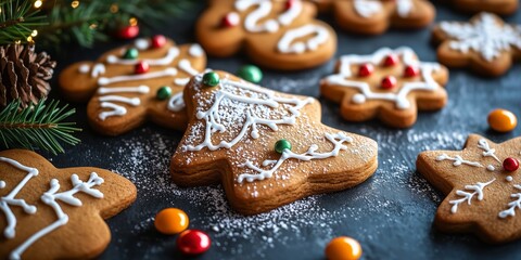 A delightful display of holiday-themed gingerbread cookies decorated with white icing and colorful candies.