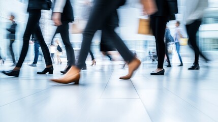 A blurred scene of people walking in a modern indoor space, suggesting movement and activity.