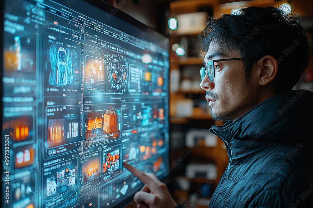 Poster an image of a person scrolling through product images on a high-resolution screen, showcasing an e-c