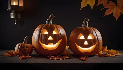 Fototapeta premium Decorative Halloween pumpkins with carved faces, autumn leaves, and a lantern