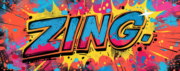 Energetic pop art background featuring "ZING." Bold visuals, Comic book style, Vibrant vector