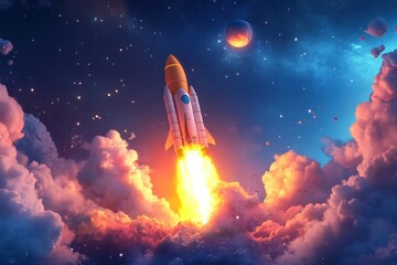 Retro Rocket Launching in Vibrant Space Illustration