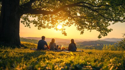 A serene sunset picnic scene under a large tree, with friends enjoying each other's company amidst beautiful nature.