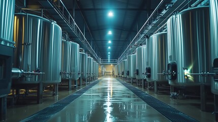 Fototapeta premium A modern industrial facility with large metal tanks lining the corridor, illuminated by bright lights, creating a sleek and clean environment.