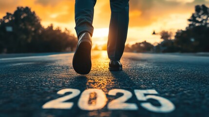 A person walking towards a sunset with "2025" marked on the road, symbolizing future goals.