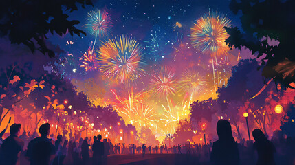 Fototapeta premium An illustration of a festive celebration with fireworks and joyful crowds in a night sky setting.