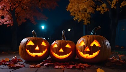 Decorative Halloween pumpkins with carved faces, autumn leaves, and a lantern