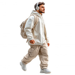 Naklejka premium Person walking down a path with headphones on and backpack.