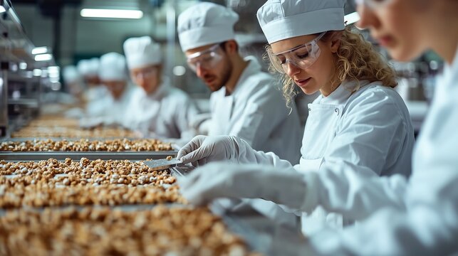 Workers in a food production facility carefully sorting nuts, showcasing teamwork and attention to detail in a busy processing environment.