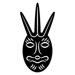 Ethnic mask. Funny face of a fantastic mythological creature. Ancient Siberian totem. Permian animal style. Black and white silhouette.