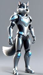 silver-clad canine in a stylish futuristic suit against a gray canvas