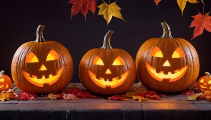 Decorative Halloween pumpkins with carved faces, autumn leaves, and a lantern