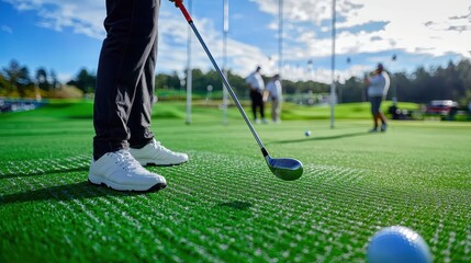 A man is playing golf with a group of people