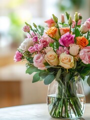 A beautiful arrangement of colorful mixed flowers is elegantly displayed in a glass vase on a light wood tabletop, enhancing the decor. Generative AI © Anat art