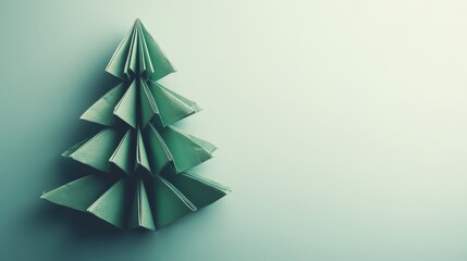 An elaborately crafted Christmas tree made of green paper is displayed in a top-down view, set against a gentle pastel backdrop, highlighting artistic design and creativity