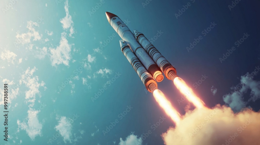 Poster a towering rocket ascends into the sky, leaving a trail of smoke as its engines fire intensely. the 