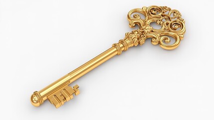 A lifelike 3D render of a golden key with ornate designs, isolated on a pristine white background  