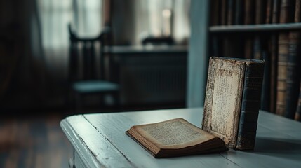 A book on a white table in the interior of a house.  