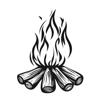recommend clip art: A campfire icon (barbaric/tribal); printable, monochrome, sharp bold black lines, vector line art, isolated on white  
