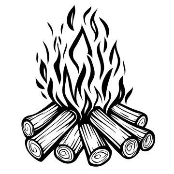 recommend clip art: A campfire icon (barbaric/tribal); printable, monochrome, sharp bold black lines, vector line art, isolated on white 